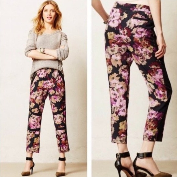 Lilka‎ Anthropologie Huntington Beach Floral Pants S Purple Navy Elastic Waist - Picture 9 of 9